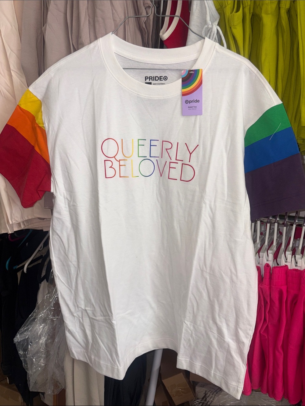 5/$10 PrideO "Queerly Beloved" Rainbow Sleeve Tee - White